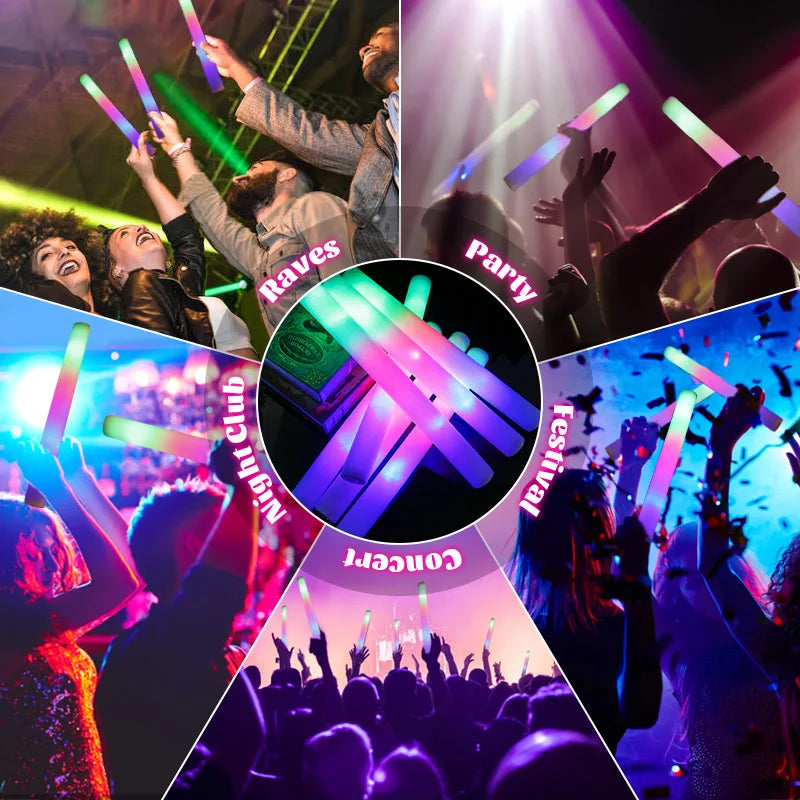 15/30Pcs LED Glow Sticks Bulk Colorful RGB Glow Foam Stick Cheer Tube
