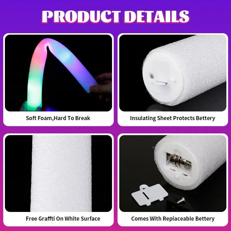 15/30Pcs LED Glow Sticks Bulk Colorful RGB Glow Foam Stick Cheer Tube