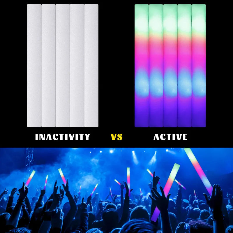 15/30Pcs LED Glow Sticks Bulk Colorful RGB Glow Foam Stick Cheer Tube